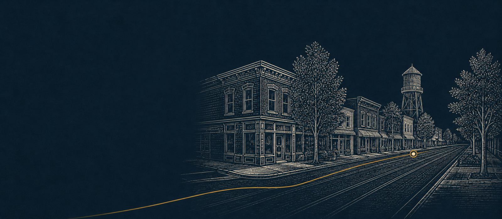 Editorial line illustration of a Central Illinois Main Street and water tower